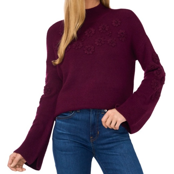 CeCe Sweaters - CeCe Burgundy Cowl Neck Floral Appliqué Knit Sweater with Bell Sleeves Size L